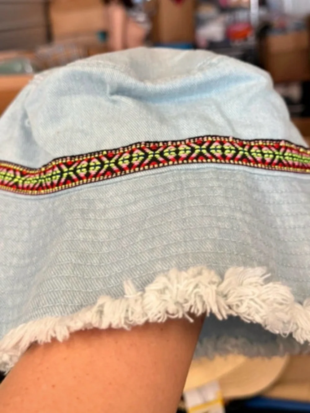 Light Blue Frayed Brim Sun Hat with Embroidered Band
